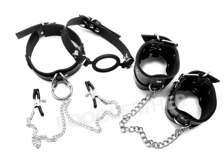 Leather neck collar with nipple clamps, BDSM belt Leather bondage BDSM ...