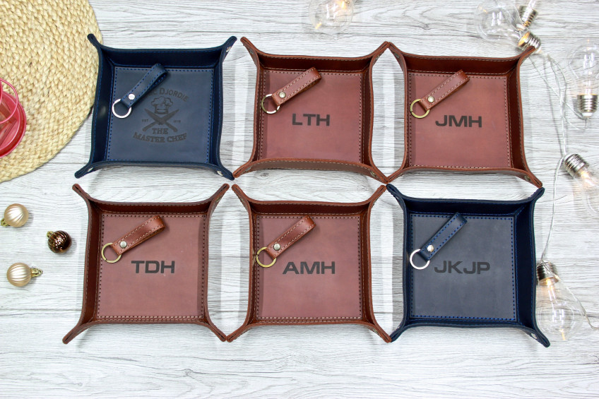 Large Monogram Leather Catchall (custom leather valet tray, custom gift,  personalized groomsmen gift, 3rd anniversary gift, gift for him)