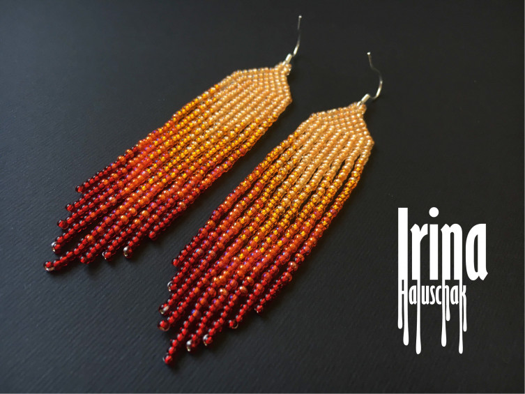 Gradient long seed bead fringe earrings orange red bead woman boho