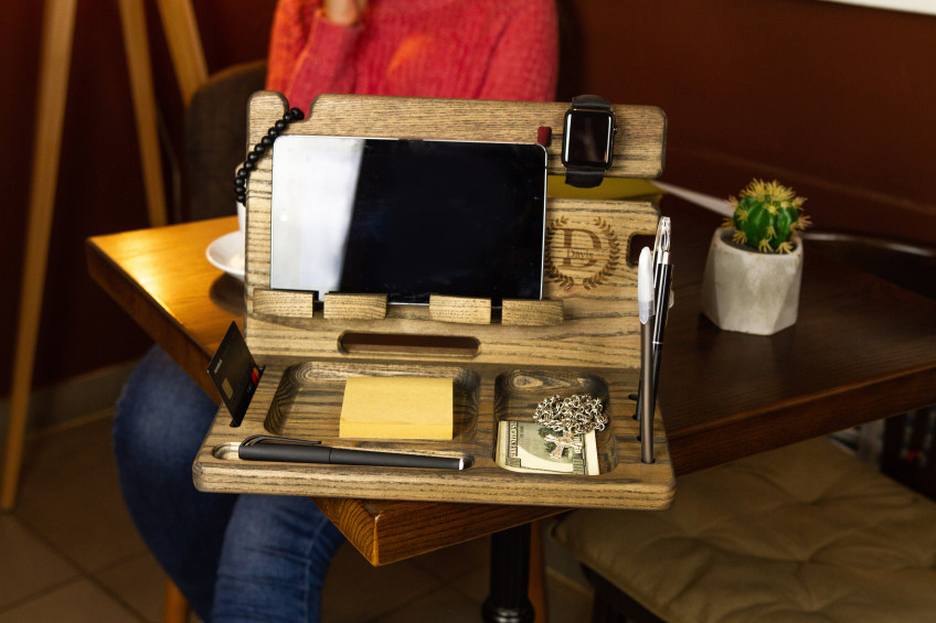 Device Organizer - Wood Valet Tray for Men, Desk Organizer