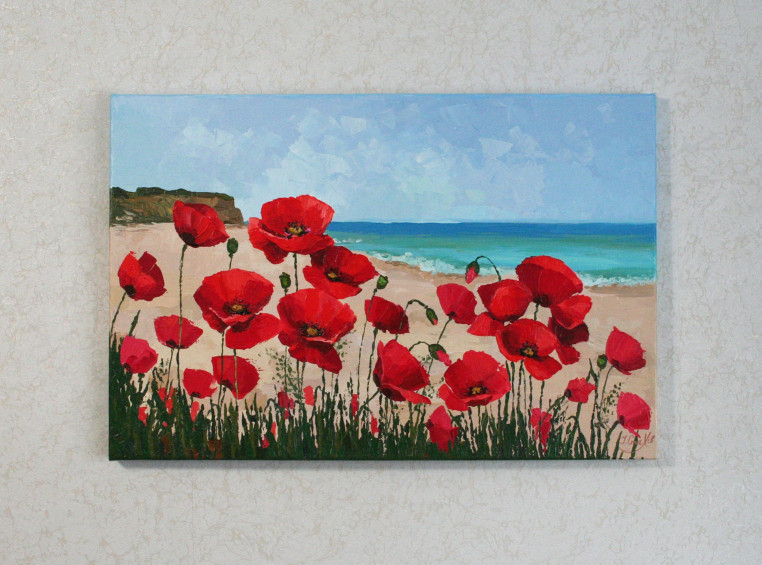 Poppy Flowers Artwork over a Blue and Red Picture Canvas 16x24 inches 