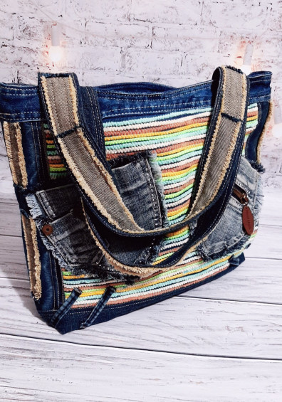 Buy Blue Handcrafted Upcycled Denim Tote Bag Online at