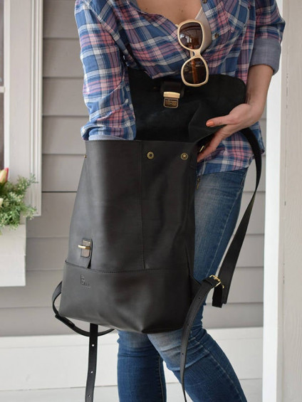 Black leather laptop backpack women/Large leather backpack men/Book bag ...