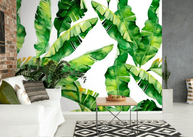 Green Banana Leaf Wallpaper Mural, Modern Banana Leaves on White